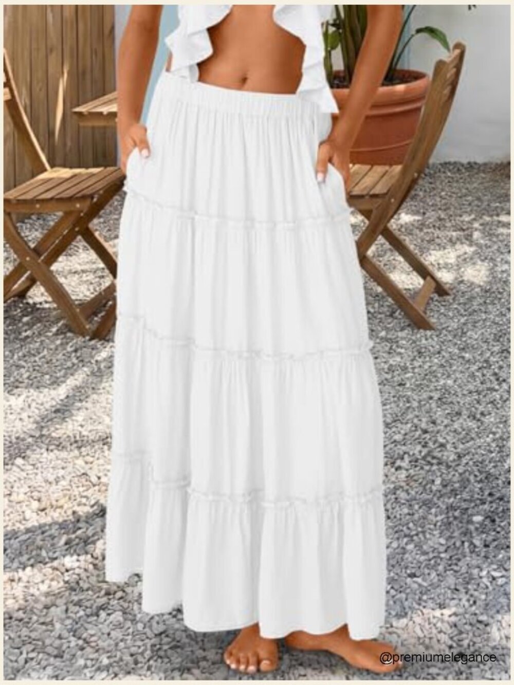 Boho Maxi Skirt High Waist Elastic with Pockets Flowy Midi - Picture 2 of 7